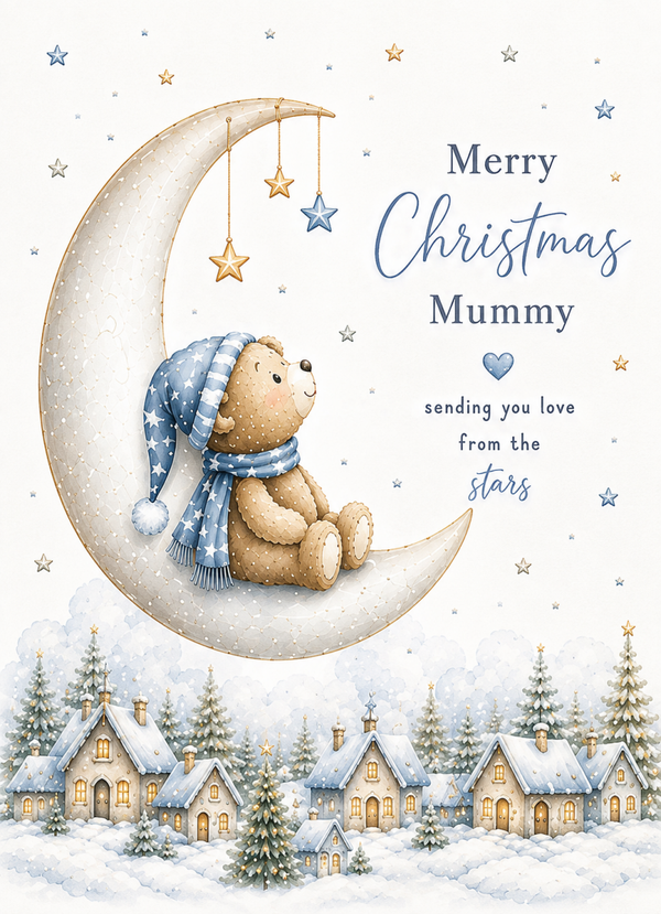 Merry Christmas Mummy Card – Teddy on Moon from the Stars