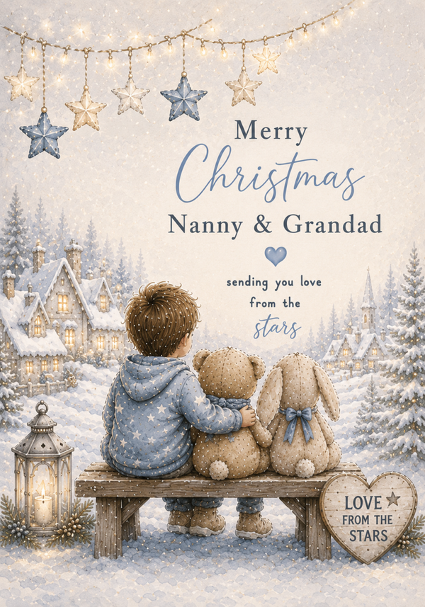 Merry Christmas Nanny & Grandad – Boy, Teddy & Bunny on a Snowy Bench Card