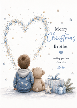 Merry Christmas Brother – Boy & Teddy Beneath a Heart of Stars Card