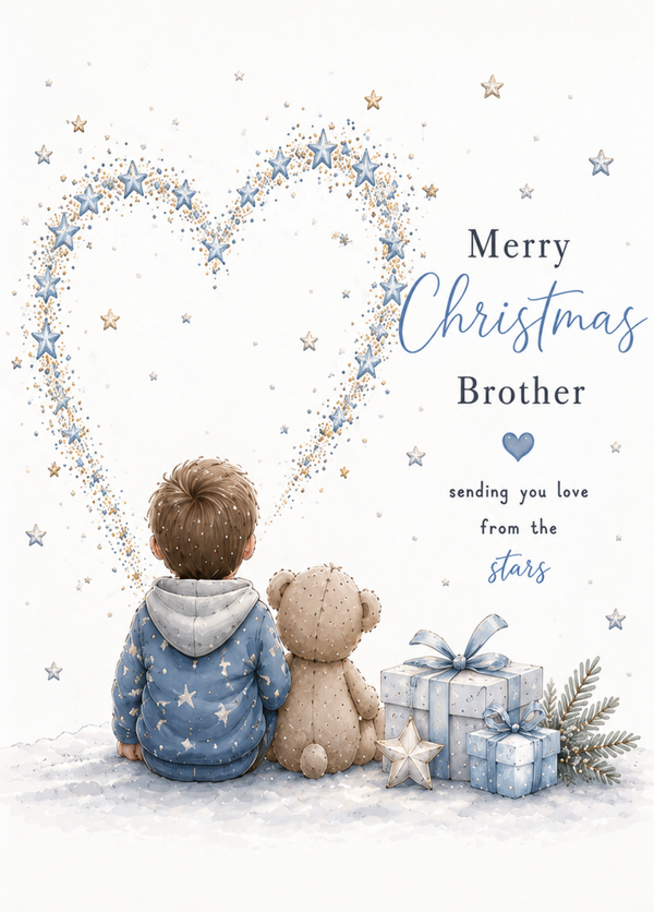 Merry Christmas Brother – Boy & Teddy Beneath a Heart of Stars Card