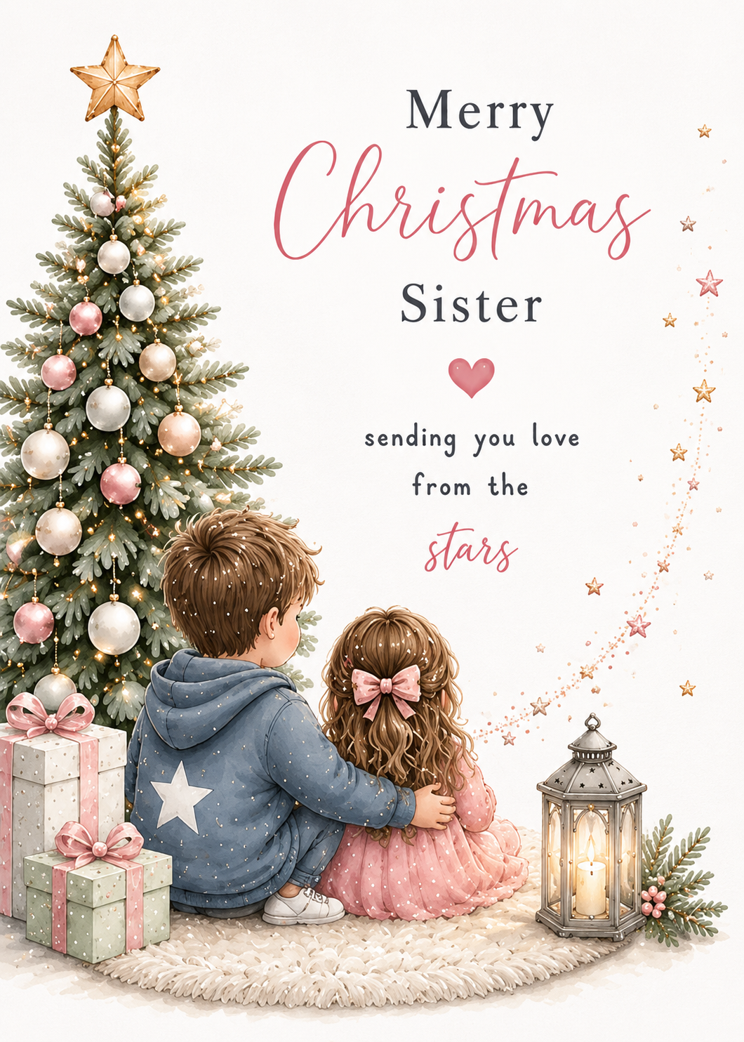 Merry Christmas Sister – Brother & Sister Beside a Pink Christmas Tree Card