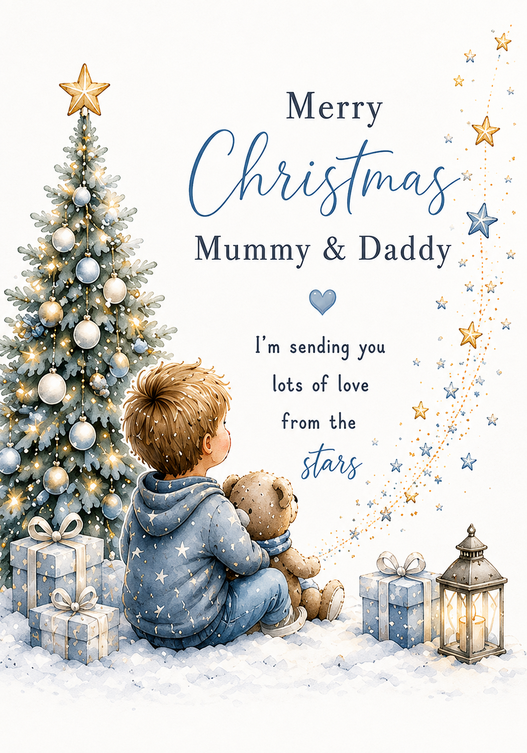 Merry Christmas Mummy & Daddy – Boy, Teddy & Christmas Presents Card