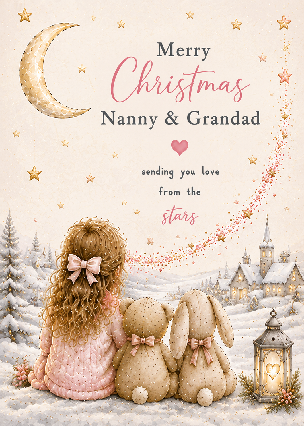 Merry Christmas Nanny & Grandad – Little Girl, Teddy & Bunny in a Snowy Village Card