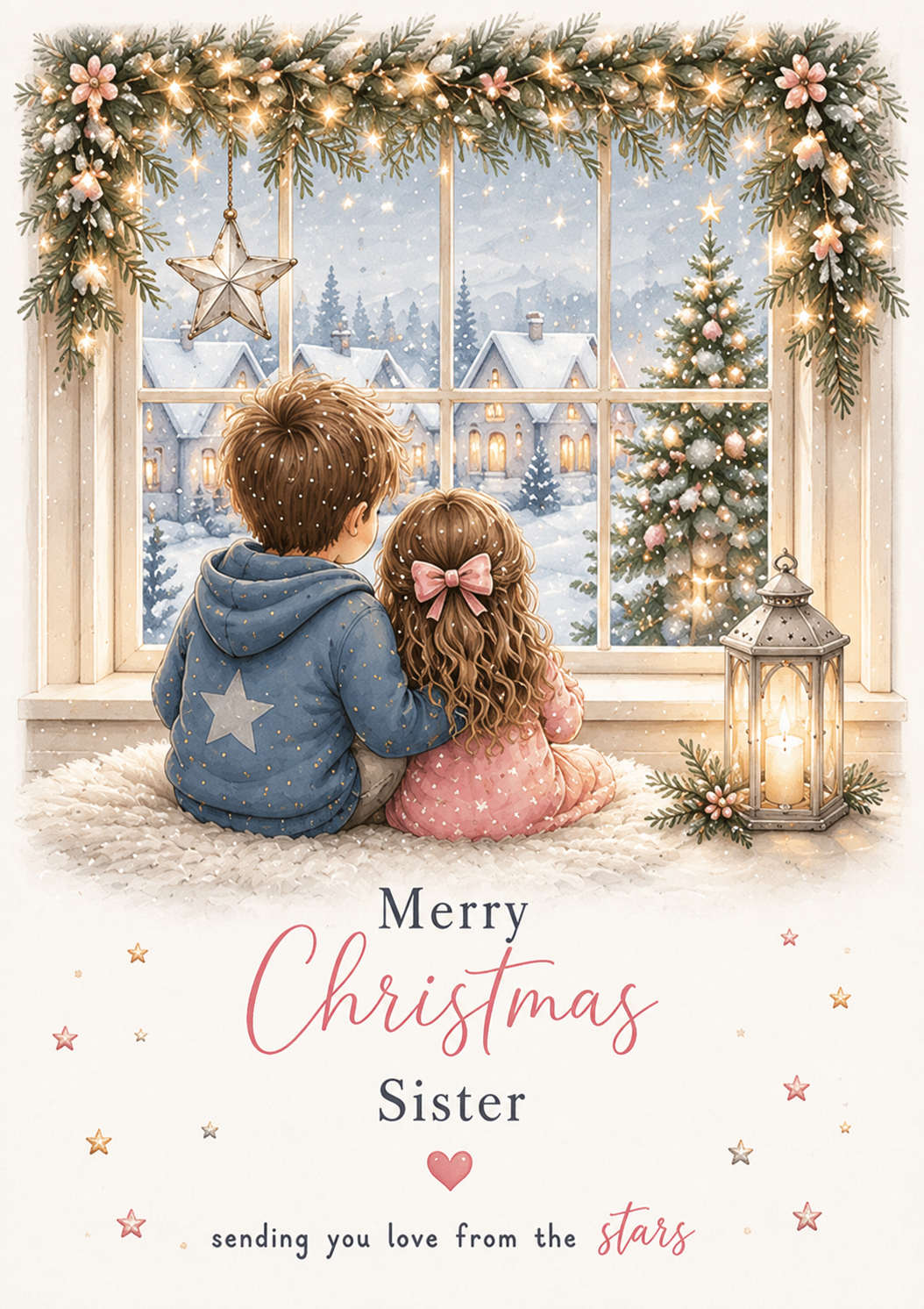 Merry Christmas Sister – Brother & Sister at a Snowy Window Card