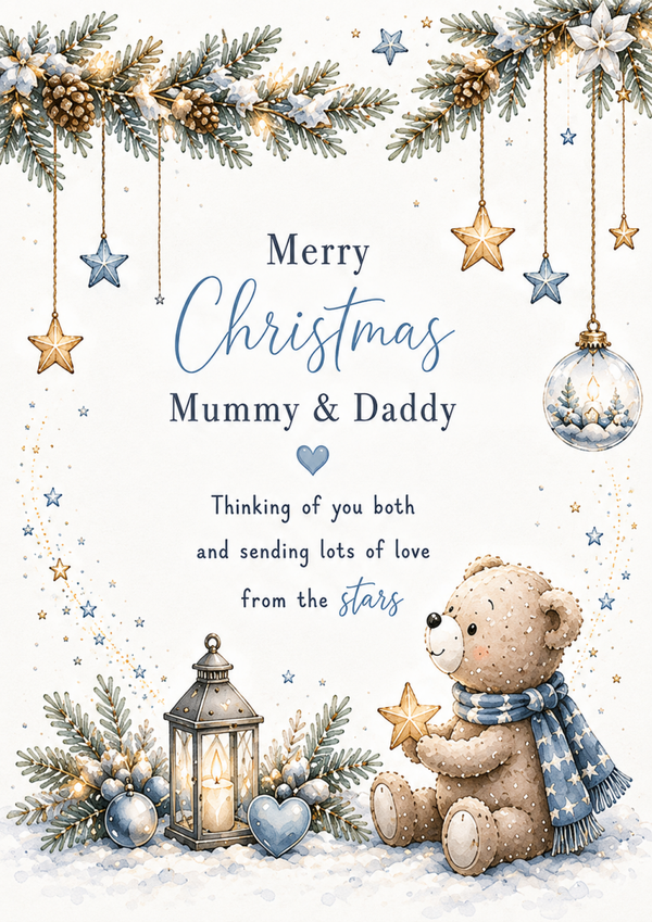 Merry Christmas Mummy & Daddy Card – Teddy and Lantern