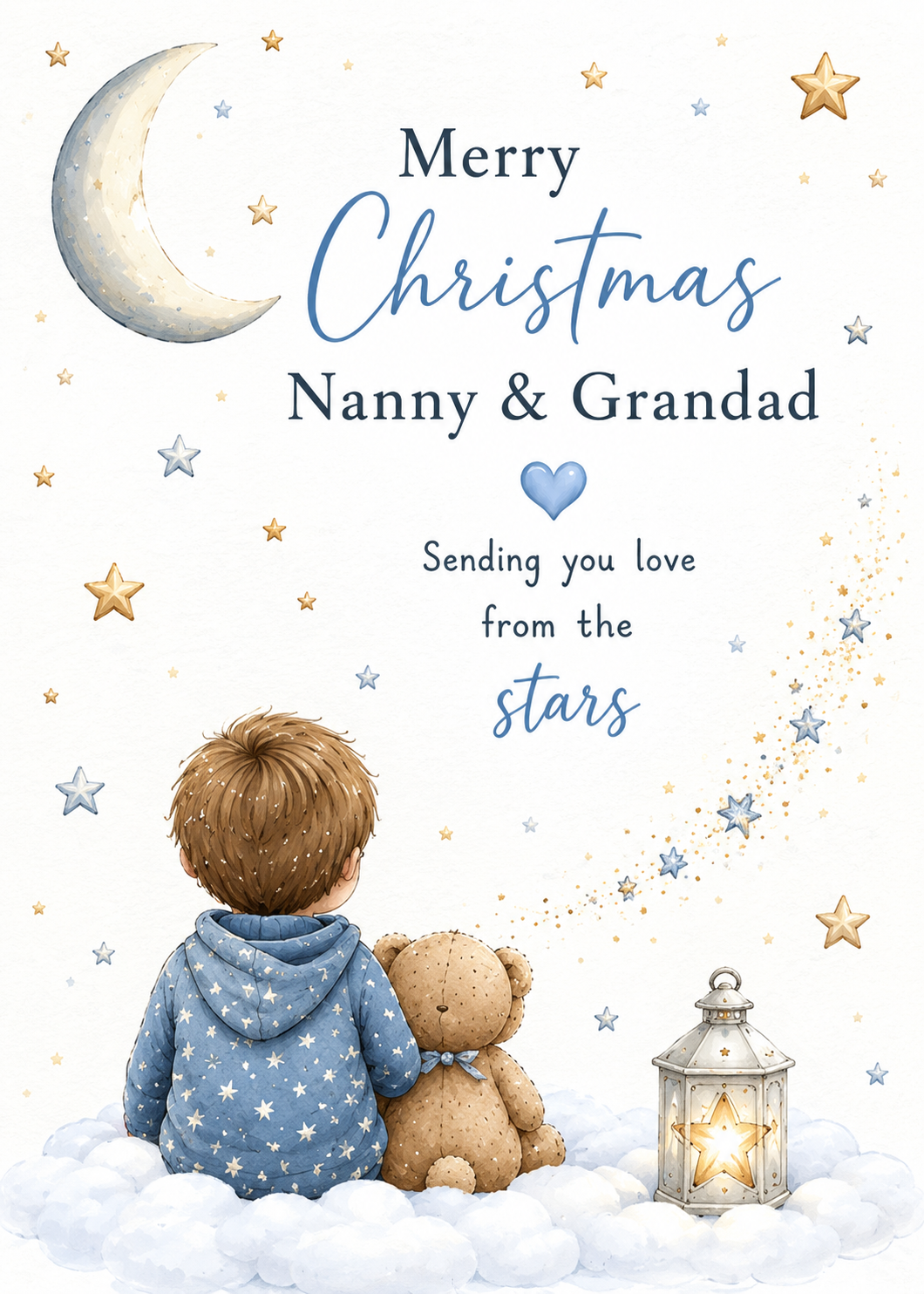 Merry Christmas Nanny & Grandad – Boy & Teddy Beneath the Crescent Moon Card