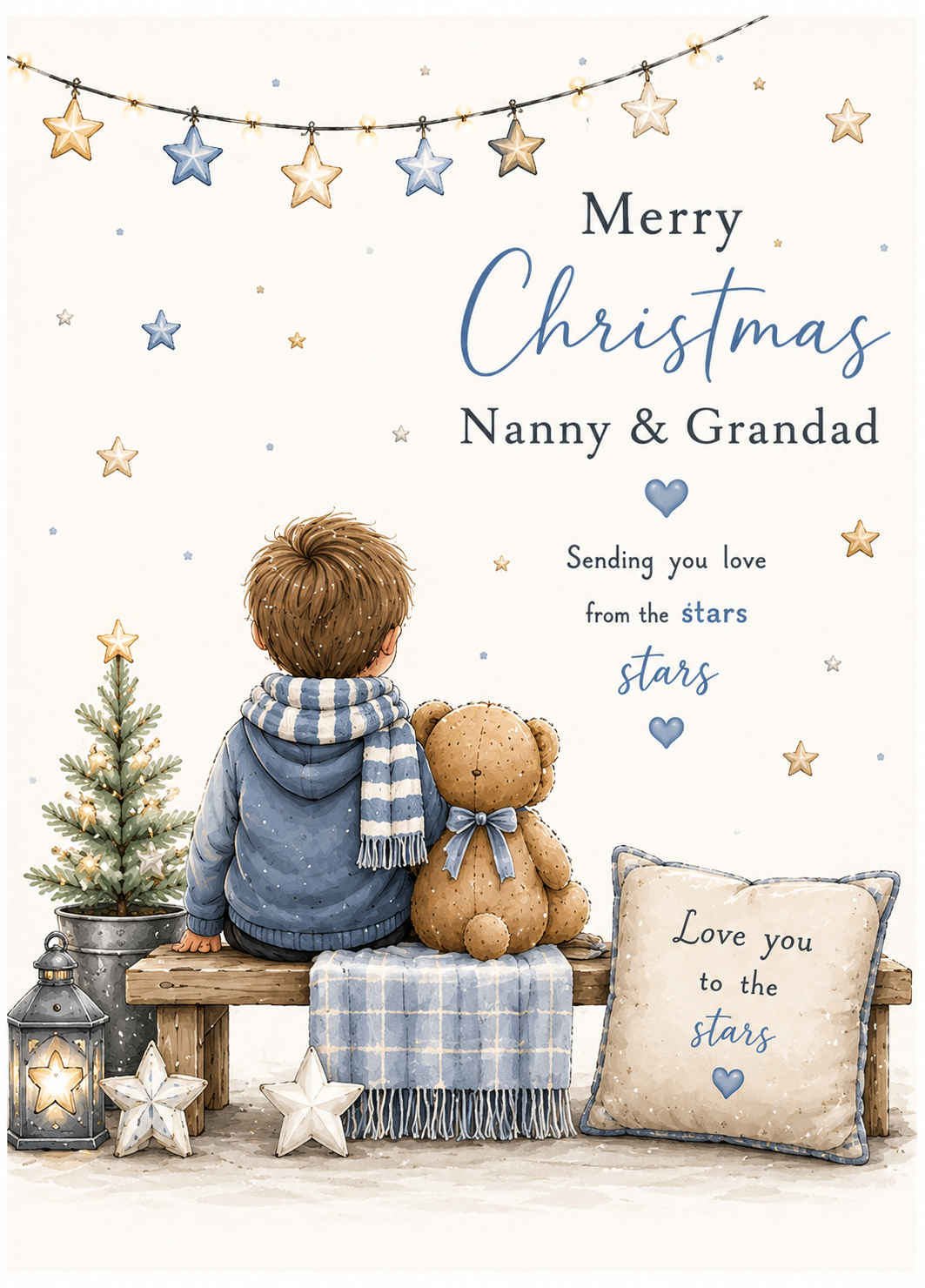 Merry Christmas Nanny & Grandad – Boy & Teddy on a Christmas Bench Card