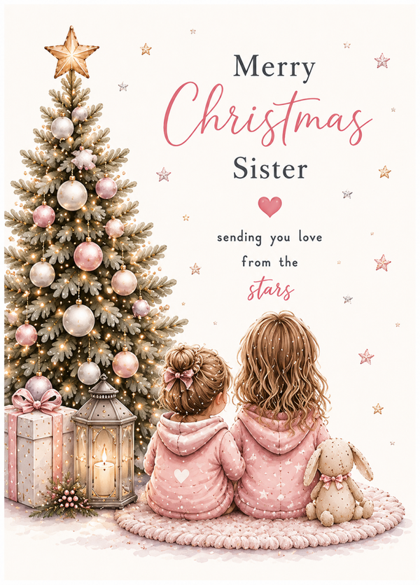 Merry Christmas Sister Card – Sisters by Christmas Tree