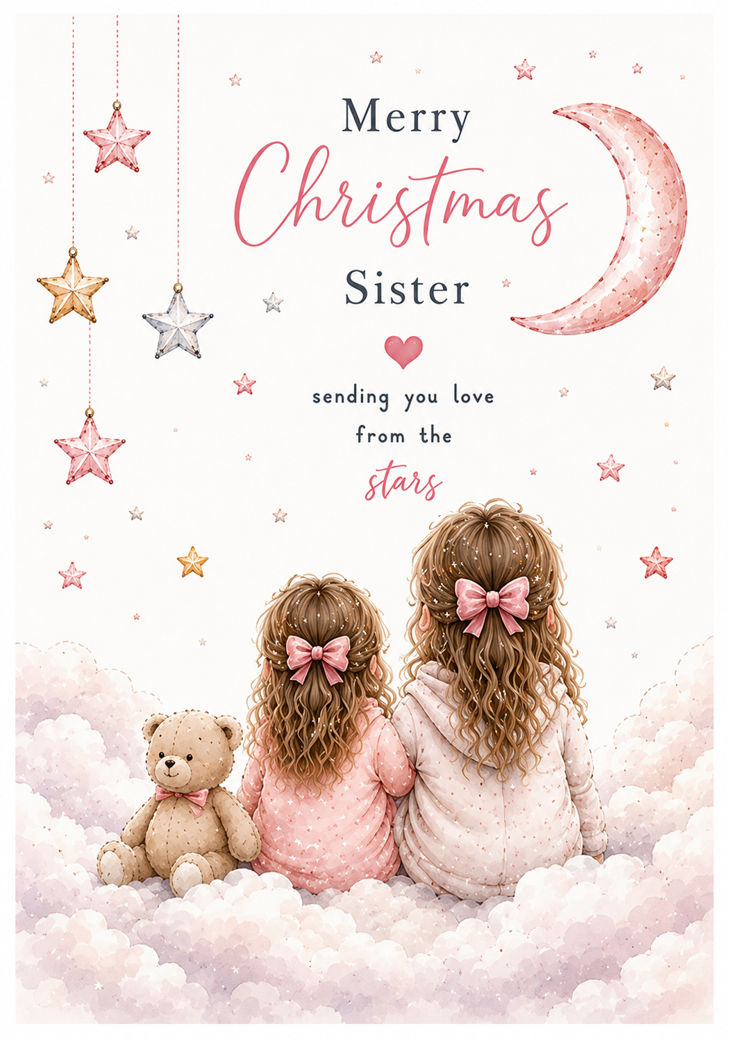 Merry Christmas Sister Card – Sisters on Clouds and Moon