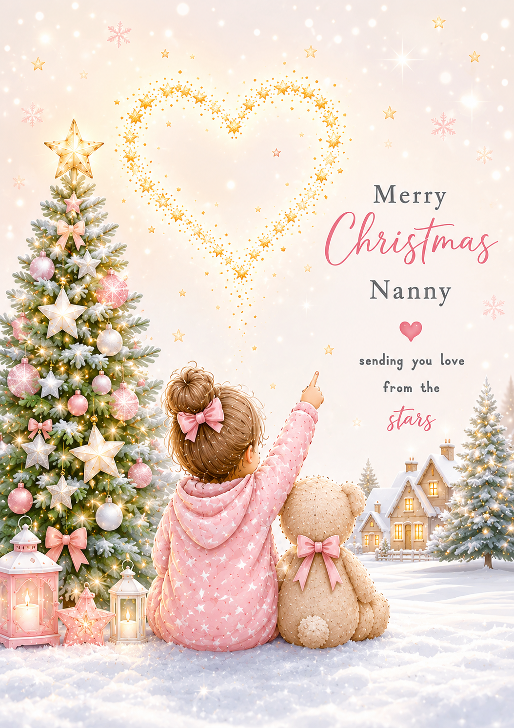 Merry Christmas Nanny – Girl Pointing to a Heart of Stars Card