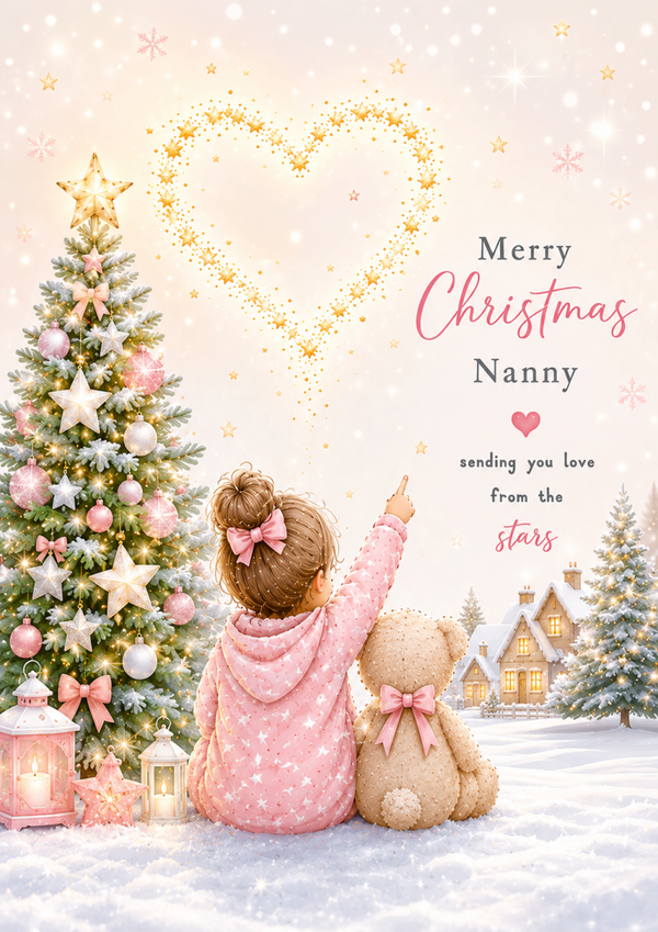 Merry Christmas Nanny – Girl Pointing to a Heart of Stars Card