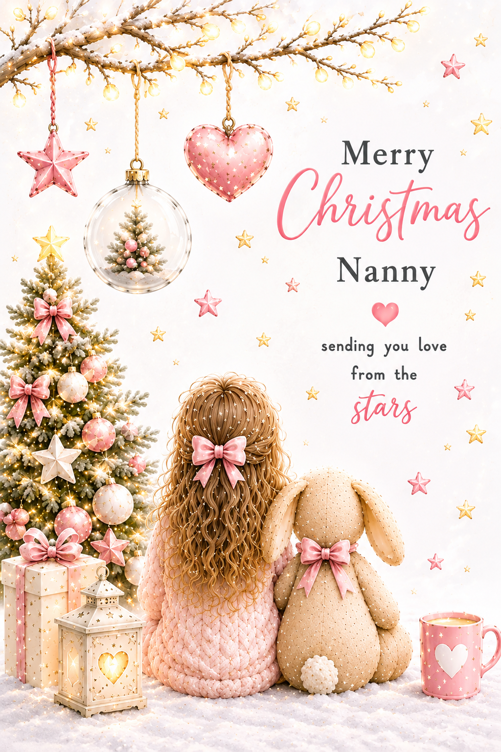 Merry Christmas Nanny – Girl & Bunny Beneath Decorations Card