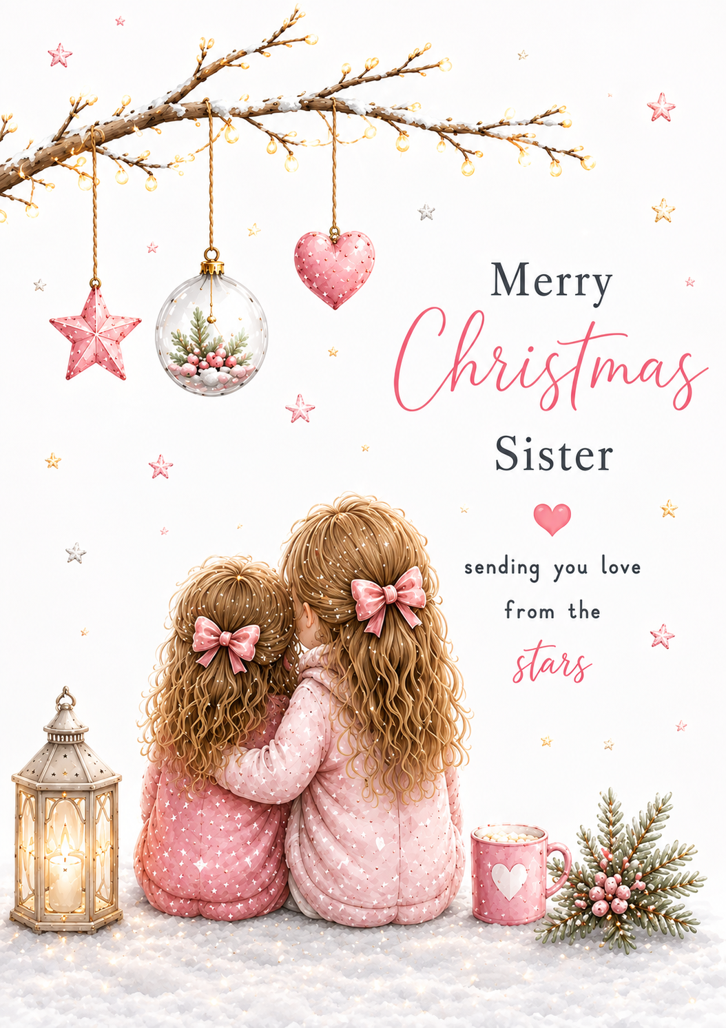Merry Christmas Sister Card – Sisters with Hanging Ornaments