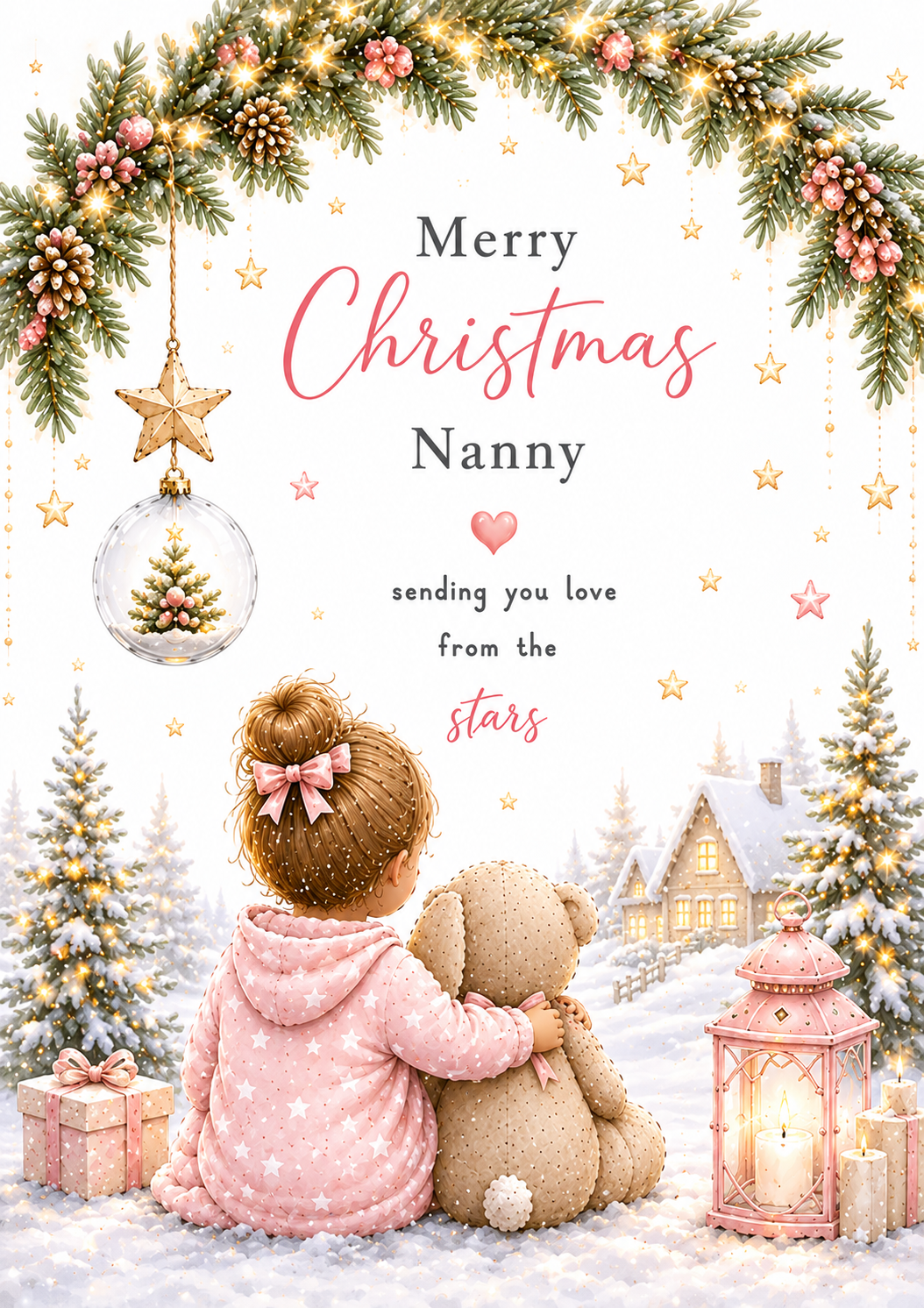 Merry Christmas Nanny – Girl, Teddy & Lantern Card