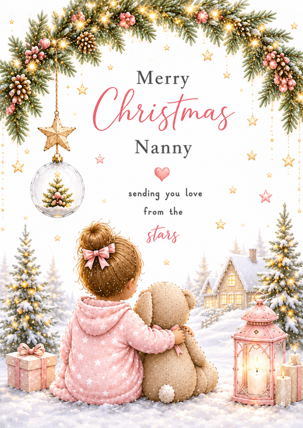 Merry Christmas Nanny – Girl, Teddy & Lantern Card