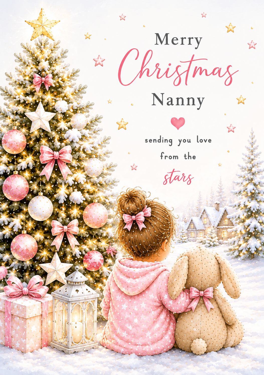 Merry Christmas Nanny – Girl & Bunny Beside the Christmas Tree Card