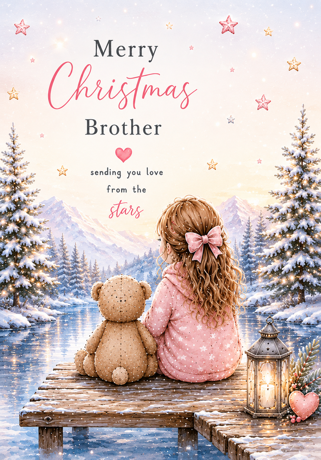 Merry Christmas Brother – Little Girl & Teddy Beside a Frozen Lake Card