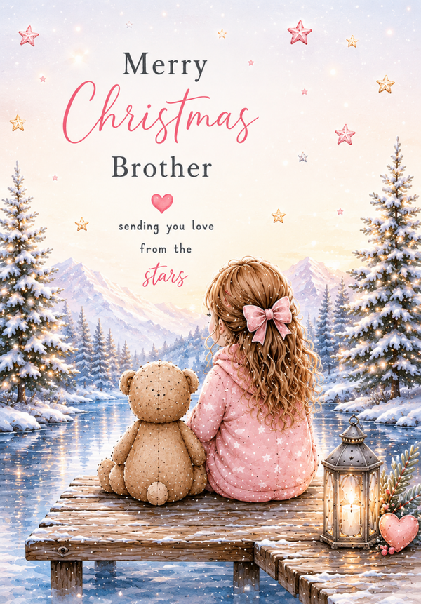 Merry Christmas Brother – Little Girl & Teddy Beside a Frozen Lake Card