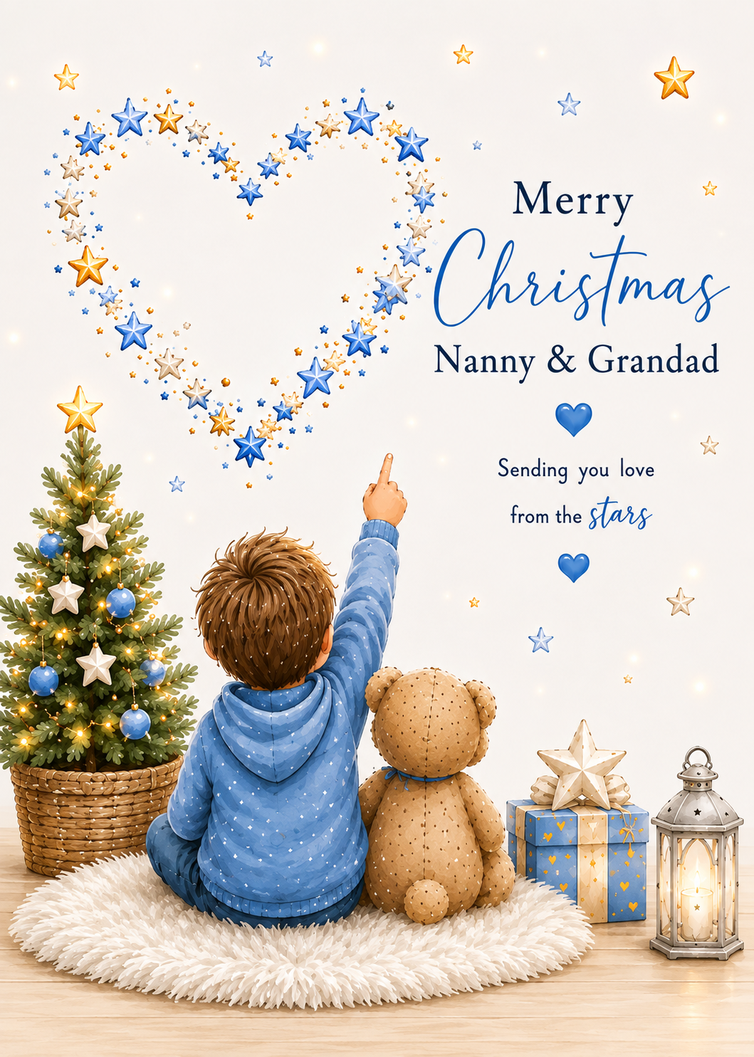 Merry Christmas Nanny & Grandad – Boy & Teddy Pointing to a Heart of Stars Card