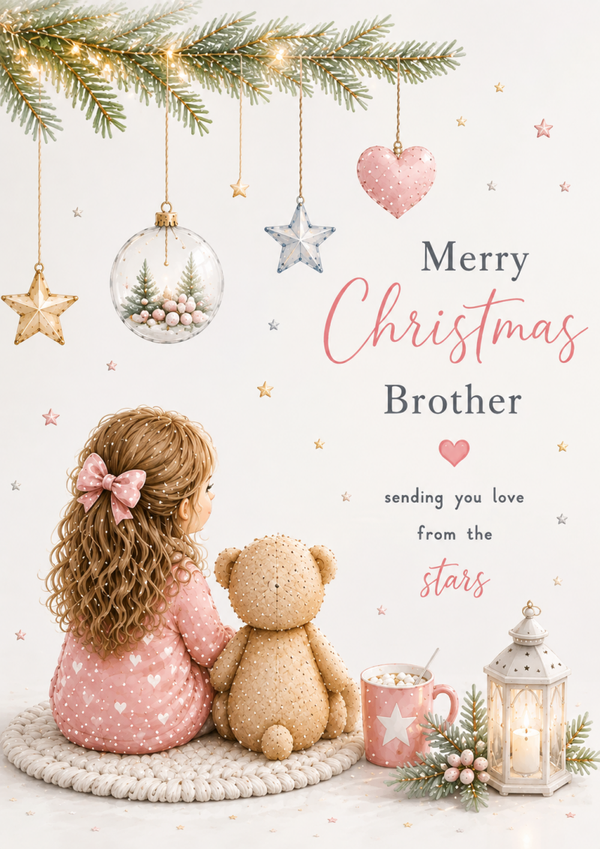 Merry Christmas Brother – Little Girl & Teddy Beneath Hanging Decorations Card