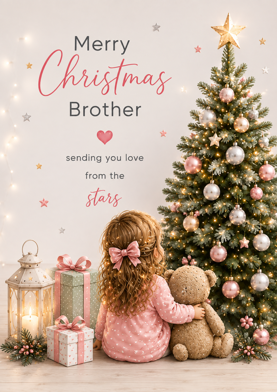 Merry Christmas Brother – Little Girl & Teddy Beside a Pink Christmas Tree Card