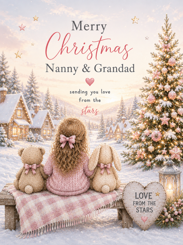 Merry Christmas Nanny & Grandad – Little Girl, Teddy & Bunny on a Winter Bench Card