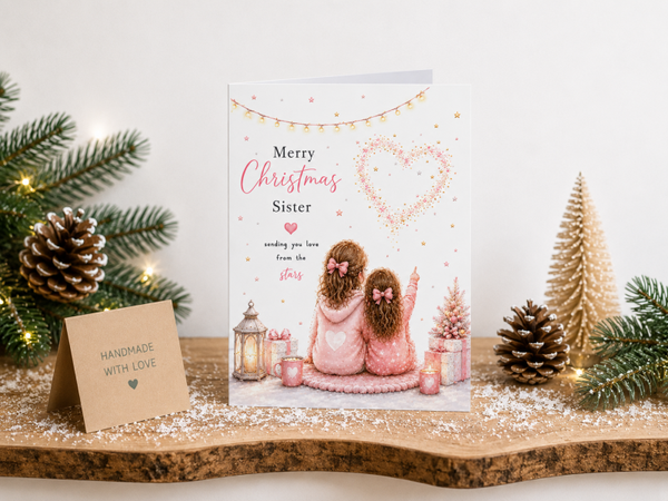 Merry Christmas Sister Card – Sisters beneath a Heart of Stars