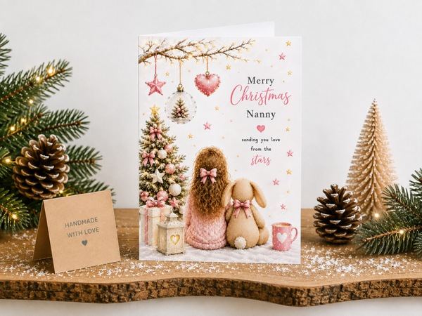 Merry Christmas Nanny Card – Girl and Bunny by Christmas Tree