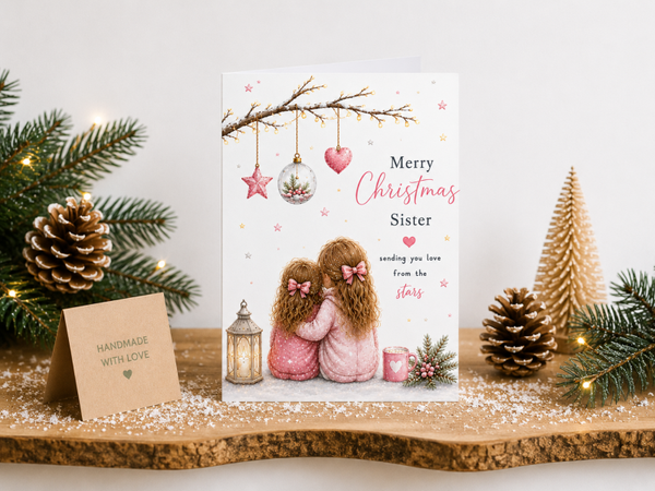 Merry Christmas Sister Card – Sisters beneath Christmas Baubles