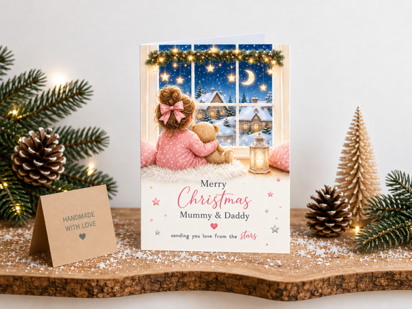 Merry Christmas Mummy & Daddy Card – Girl at a Snowy Window