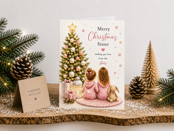 Merry Christmas Sister Card – Sisters beside a Pink Christmas Tree