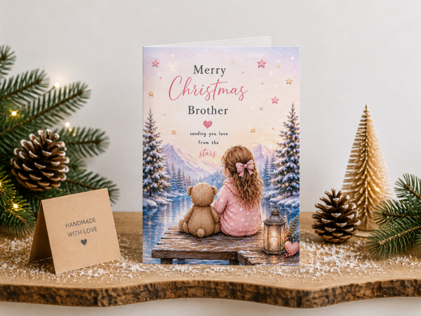 Merry Christmas Brother Card – Girl and Teddy by Winter Lake