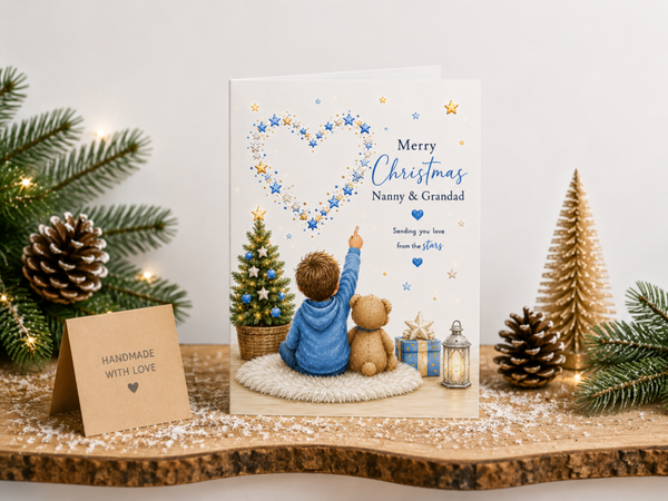 Merry Christmas Nanny & Grandad Card – Star Heart, Boy and Teddy