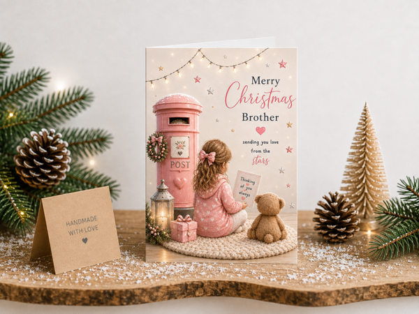 Merry Christmas Brother Card – Girl and Teddy by Pink Postbox