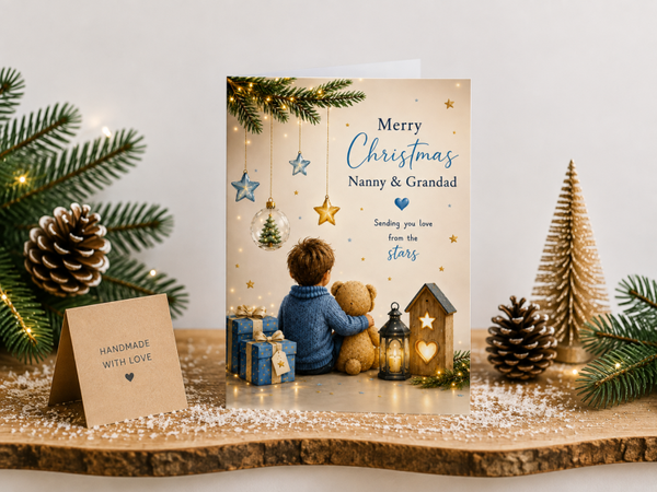 Merry Christmas Nanny & Grandad Card – Boy and Teddy with Decorations