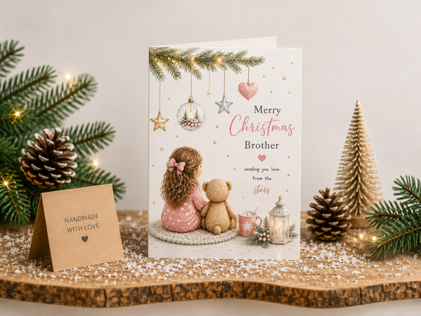 Merry Christmas Brother Card – Girl and Teddy beneath Decorations
