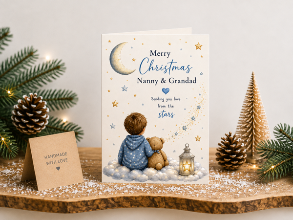 Merry Christmas Nanny & Grandad Card – Boy and Teddy beneath the Moon