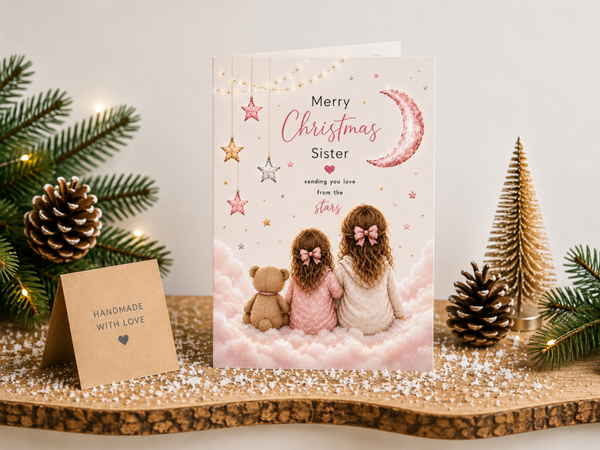 Merry Christmas Sister Card – Sisters beneath a Crescent Moon
