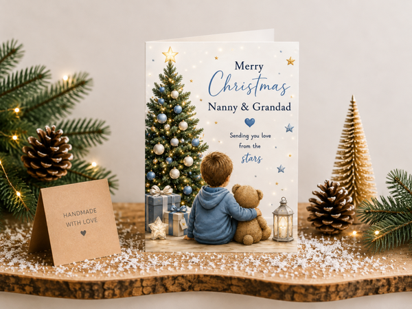 Merry Christmas Nanny & Grandad Card – Lit Tree with Boy and Teddy