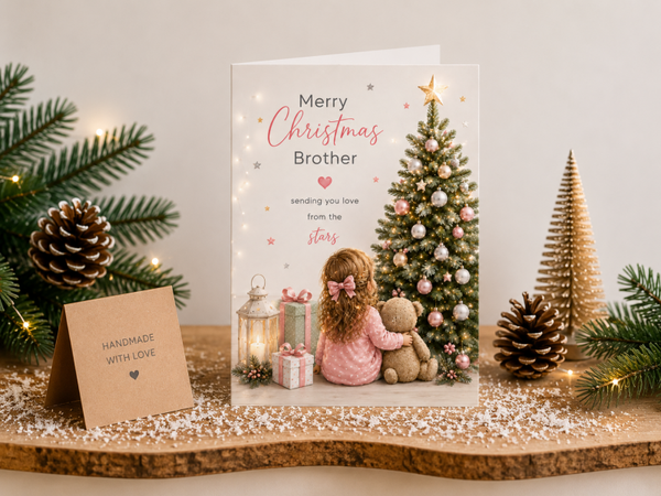 Merry Christmas Brother Card – Girl and Teddy by Christmas Tree