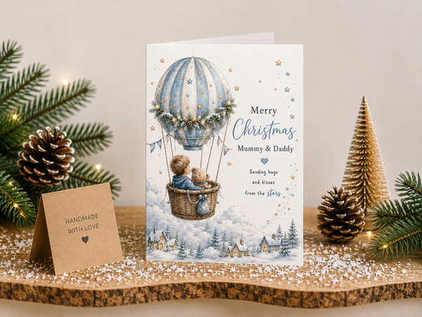 Merry Christmas Mummy & Daddy Card – Teddy in a Hot Air Balloon