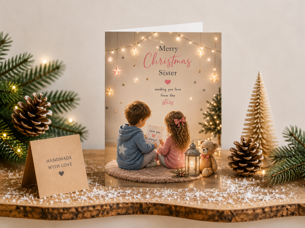 Merry Christmas Sister Card – Siblings beneath Festive Lights