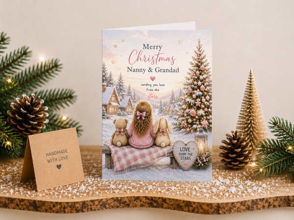 Merry Christmas Nanny & Grandad Card – Girl and Toys in the Snow