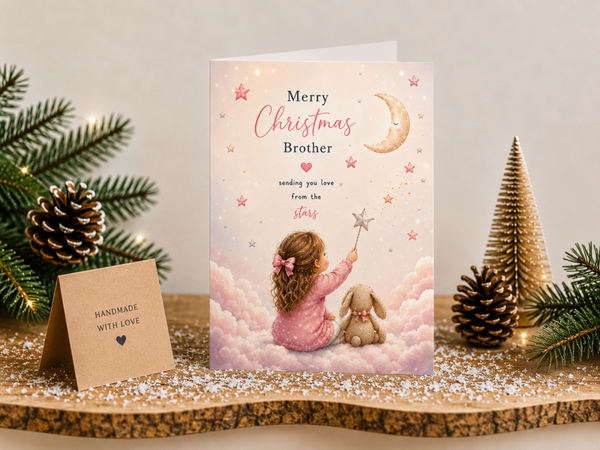 Merry Christmas Brother Card – Girl and Bunny on Pink Clouds