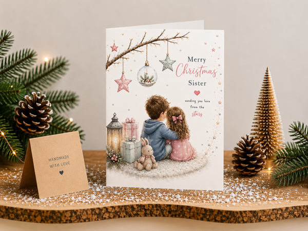 Merry Christmas Sister Card – Children beneath Hanging Decorations