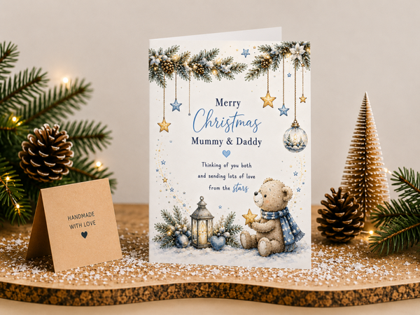 Merry Christmas Mummy & Daddy Card – Teddy beneath Decorations