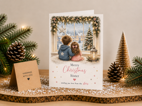 Merry Christmas Sister Card – Children at a Snowy Window