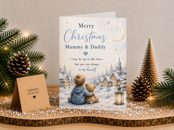 Merry Christmas Mummy & Daddy Card – Boy and Teddy by Winter Village