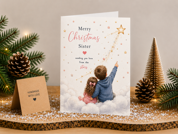 Merry Christmas Sister Card – Children beneath a Shooting Star