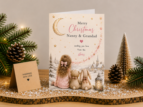 Merry Christmas Nanny & Grandad Card – Girl and Toys beneath the Moon